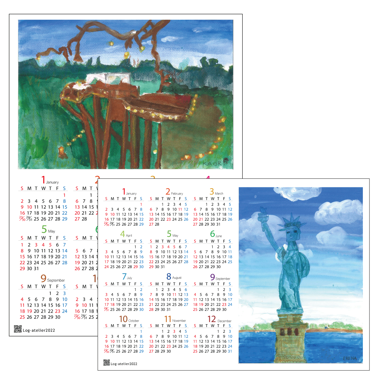 年間カレンダー、自由の女神、ツリーハウス